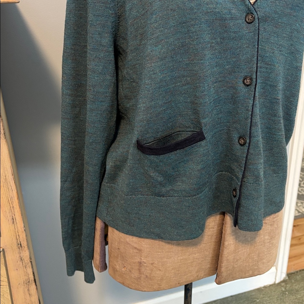 Lands' End Dark Teal Heather Merino Spun Wool Cardigan Sweater - Picture 2 of 12